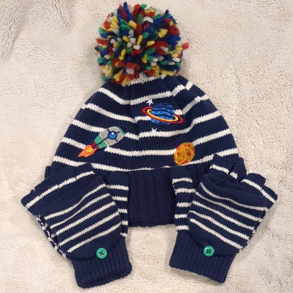 Gymboree Navy Striped Beanie and Mittens with Space Embroidery